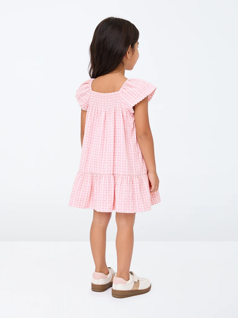 Kids Girls Pink Gingham Checkered Cotton-Blend A-Line Dress